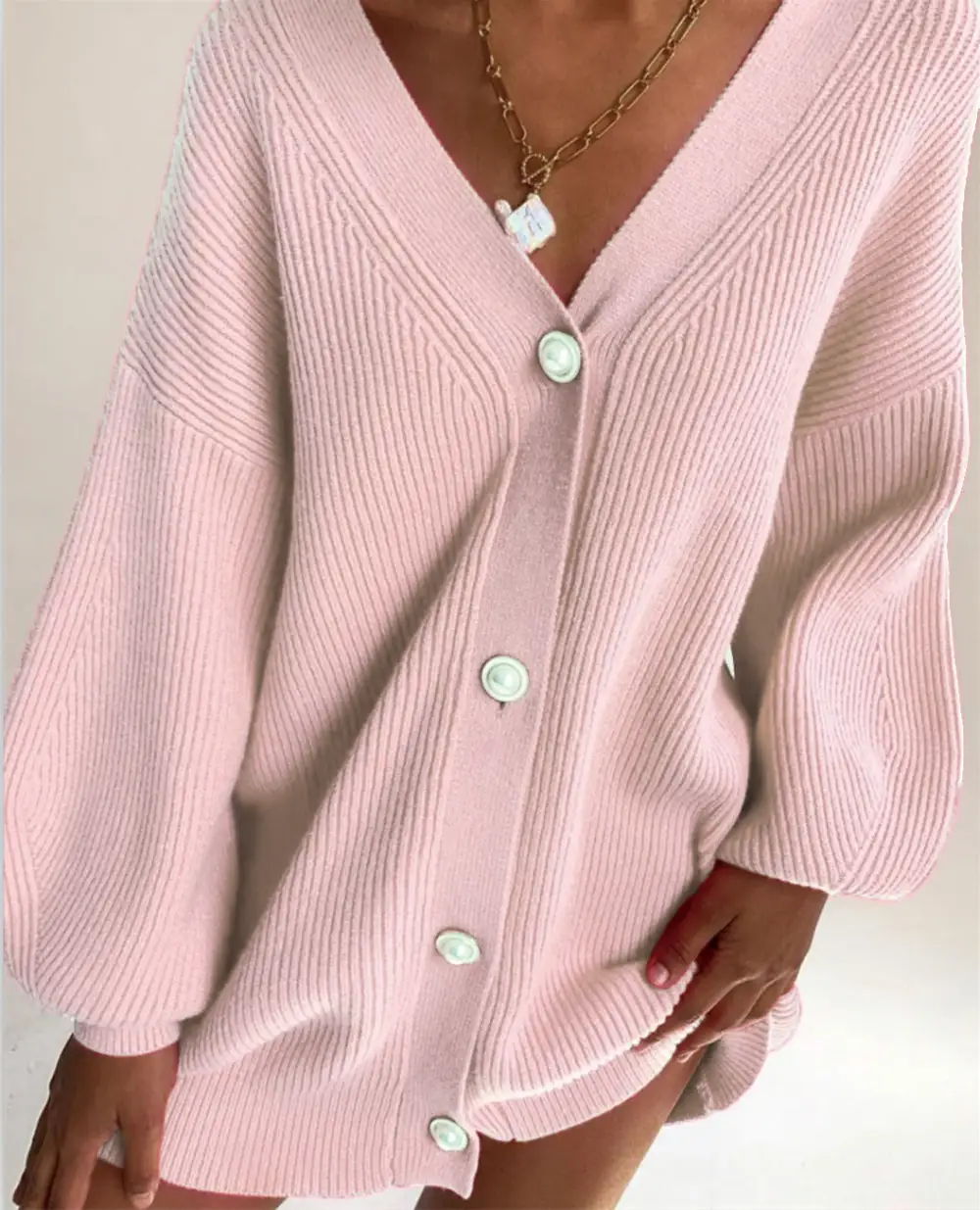 Women’s Long Sleeve V-Neck Sweater Cardigan with Pearl Buttons in 7 Colors S-L