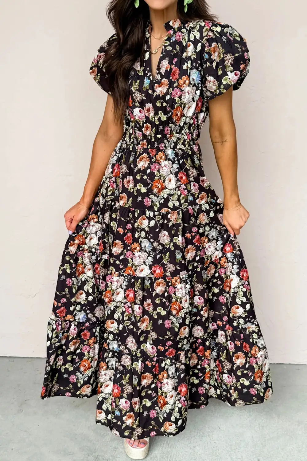 Soft Touch Floral Printed V Neck Maxi Dress