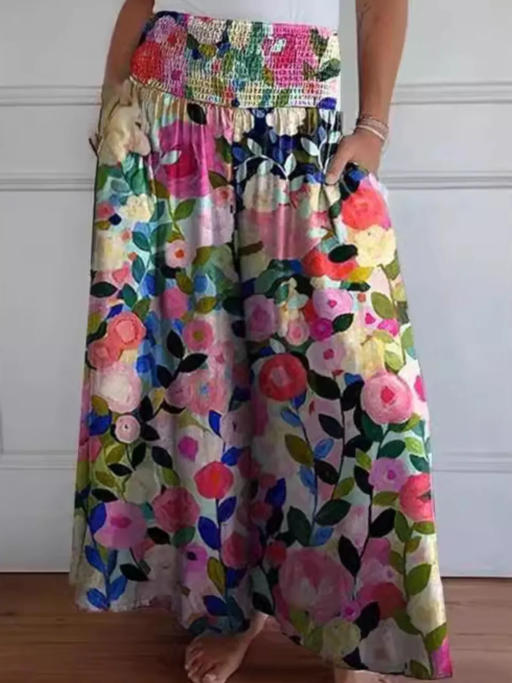Full Size Smocked Wide Leg Pants With Pockets