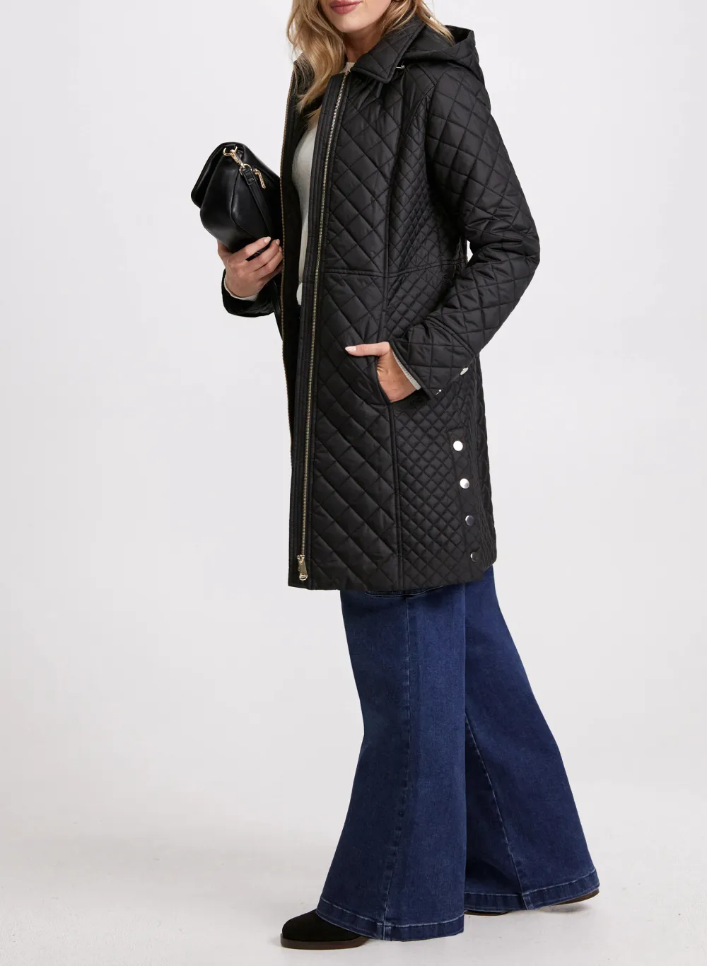 Long Black Zippered Down Coat