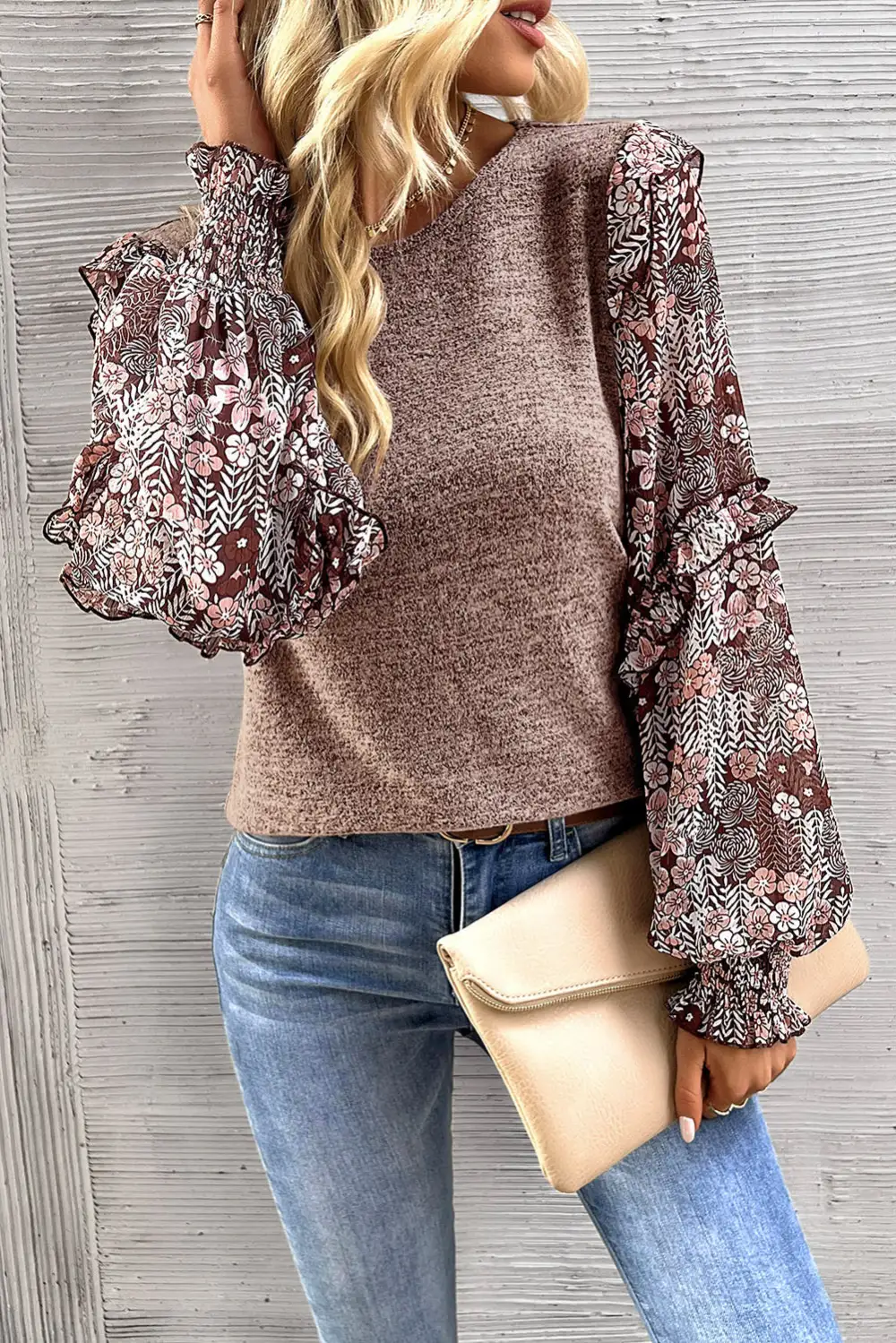 Floral Ruffled Crew Neck Blouse