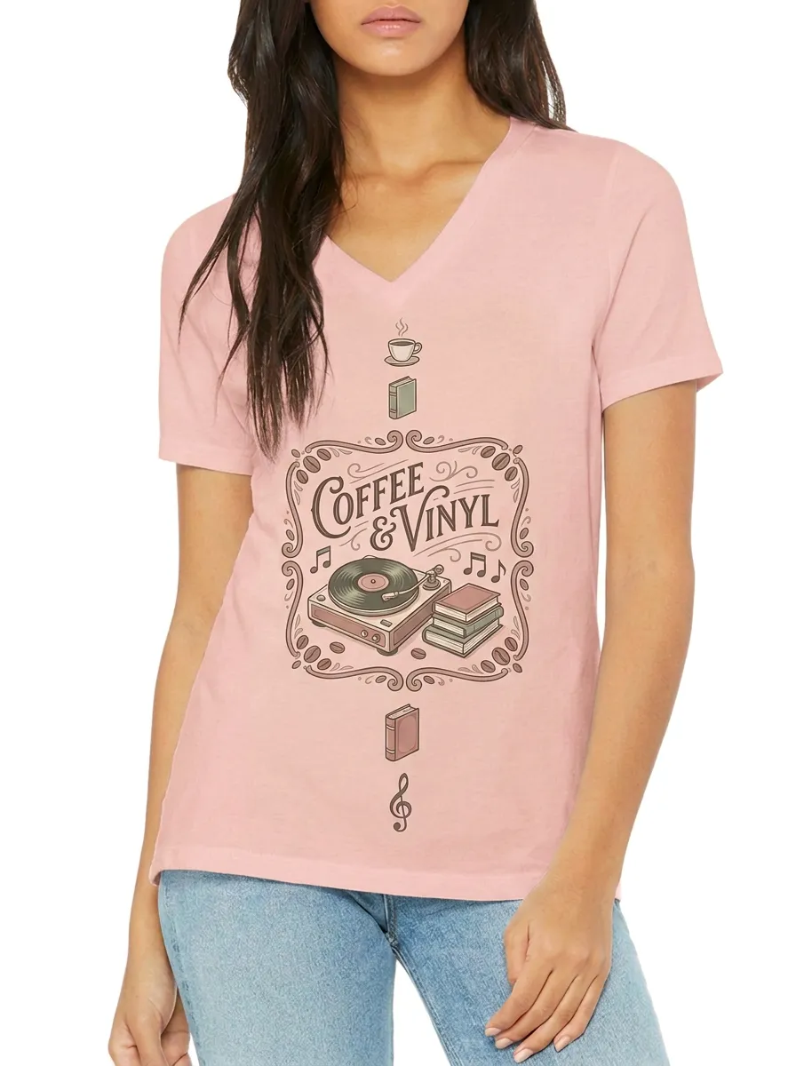 Women's Coffee Vinyl Book Lover Printed V-neck T-shirt