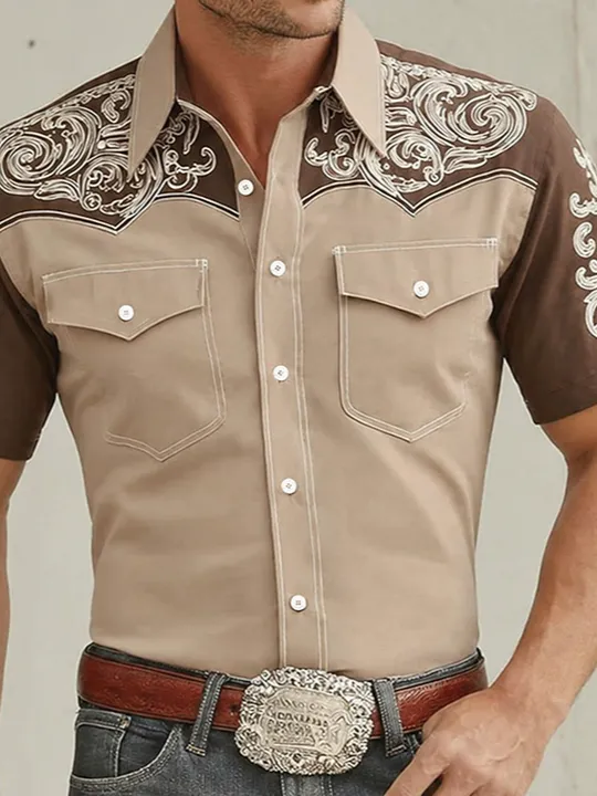 Men's Western Scrollwork Embroidered Two-Tone Short Sleeve Shirt