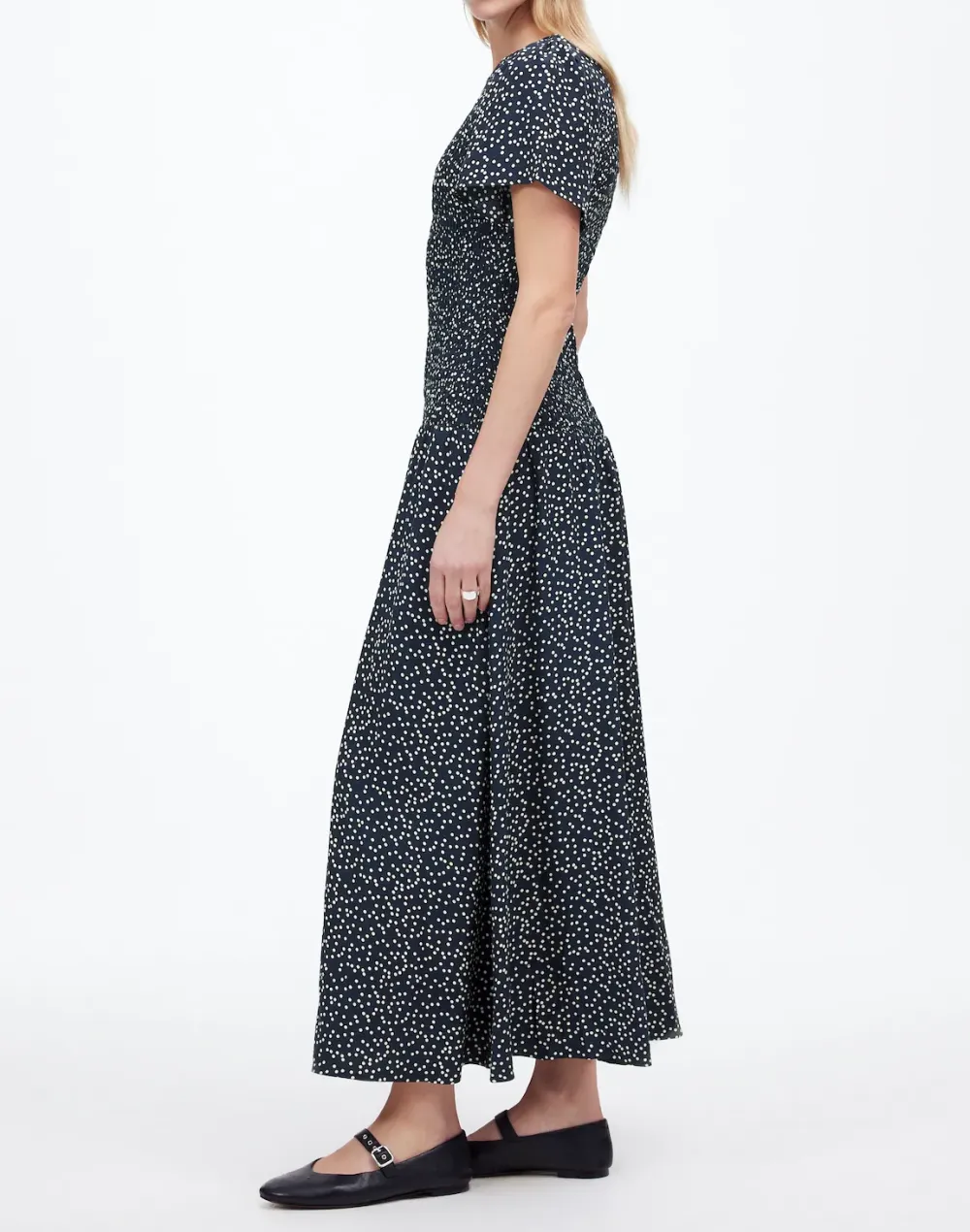 Flutter-Sleeve Smocked Maxi Dress in Floral