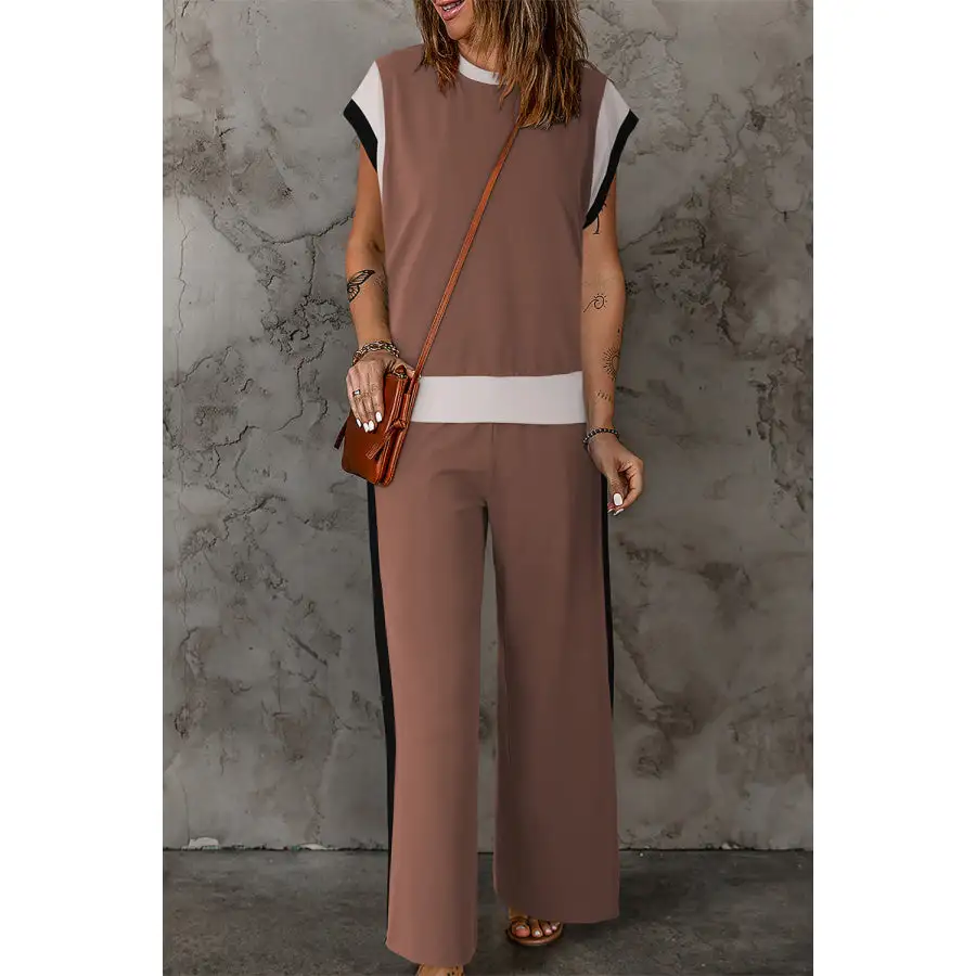 Contrast Round Neck Top and Pants Set