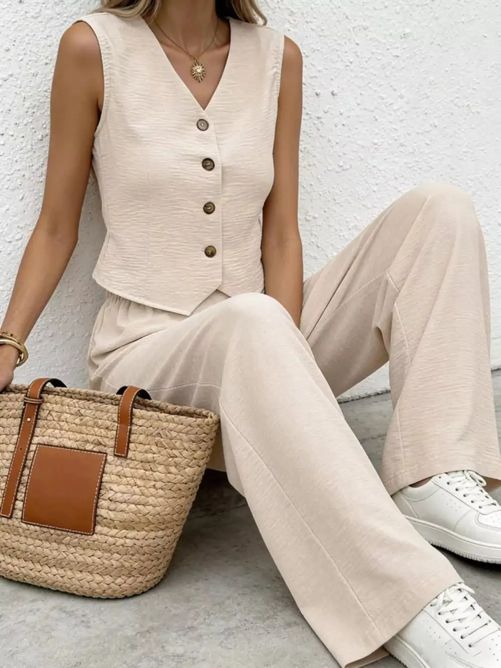 Everyday Button Front Wide Leg Set