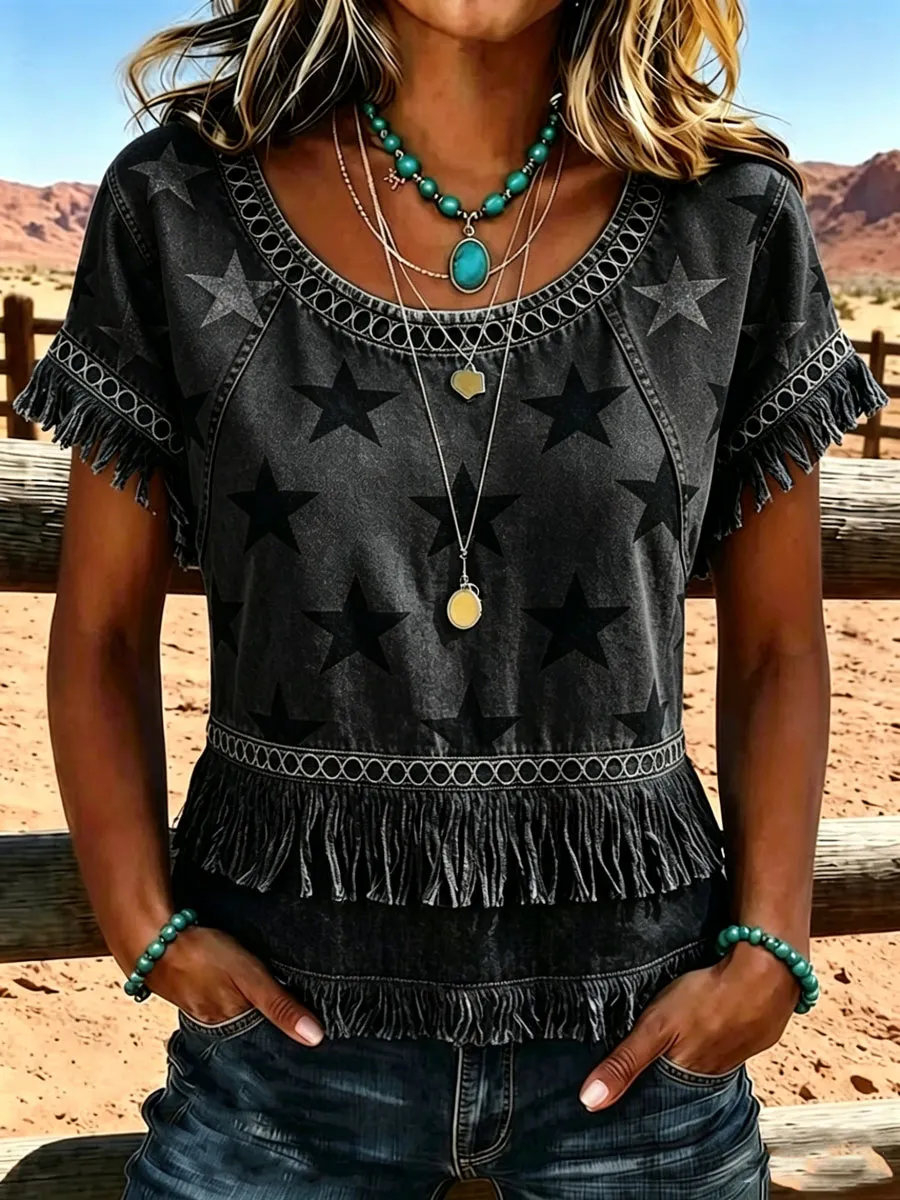 Women'S 250Th Anniversary American Vintage Western-Style Casual Shirt With Fringe Splicing