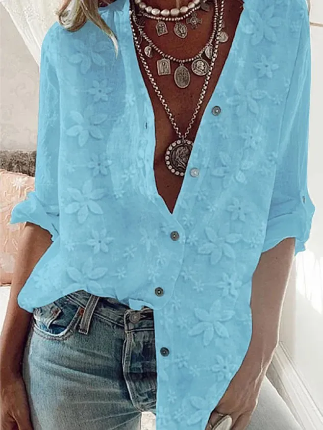 Women's Lace Stitching Cotton Linen Long Sleeve Shirt