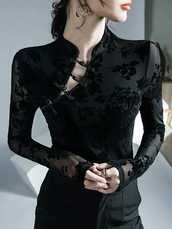 Long Sleeve Slim Fit Button Detail Floral Print Mesh Mock Neck T-Shirt