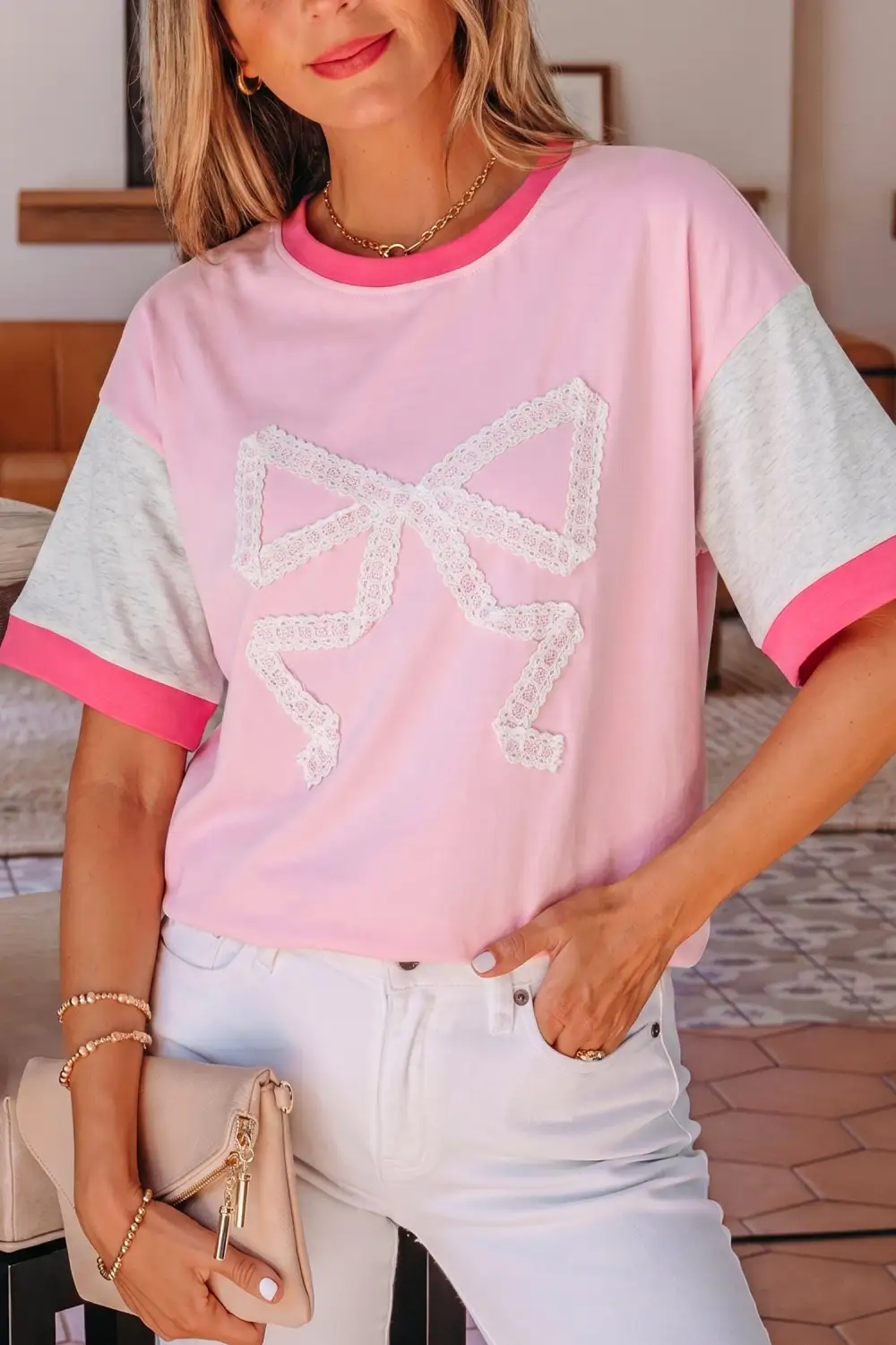 Embroidered Bow Detail Contrast Blocked Loose Tee