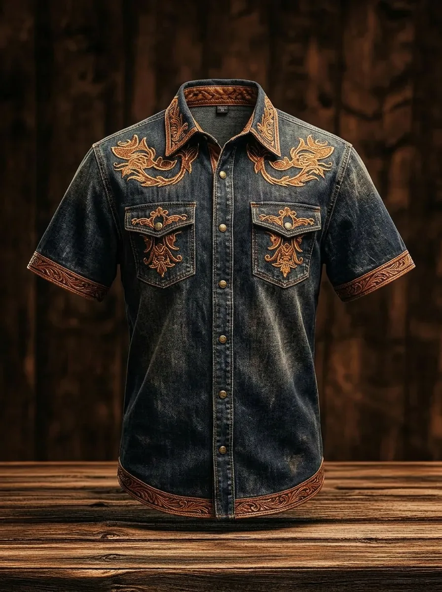 Men's Western Cowboy Floral Embroidery Printed Denim Shirt-3