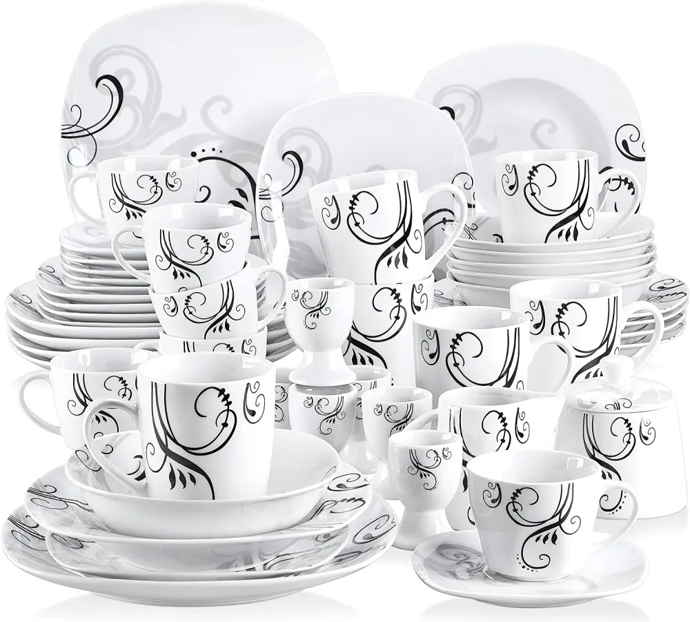 VEWEET, Series Fiona, 100-Piece Plates and Bowls Sets for 12, Including Porcelain Dishes Sets, Bowls, Mugs, Egg Cups, Cup and Saucer Set, Milk Jug and Sugar Pot Set, Microwave and Dishwasher Safe