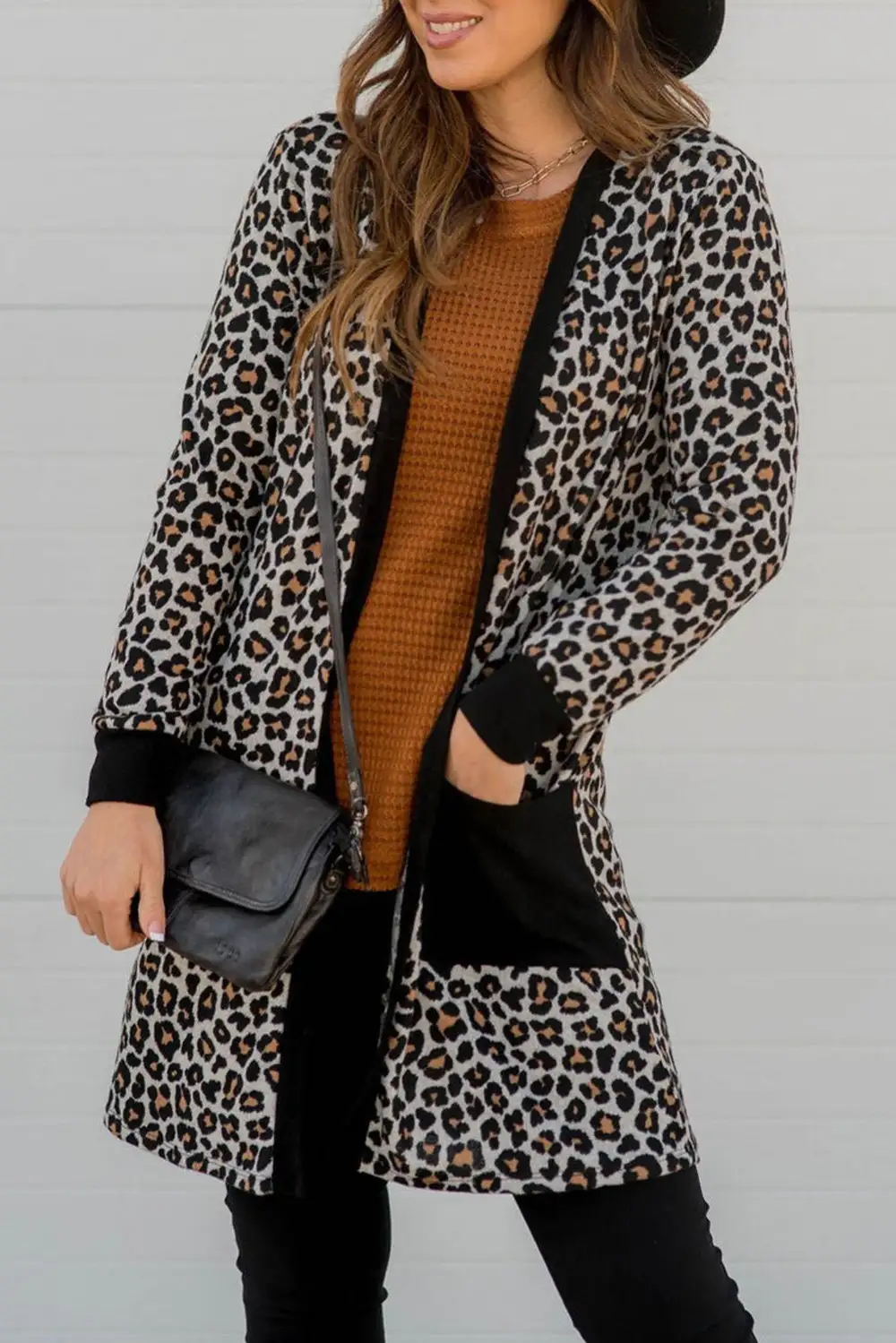 Leopard Patch Pocket Open Front Cardigan