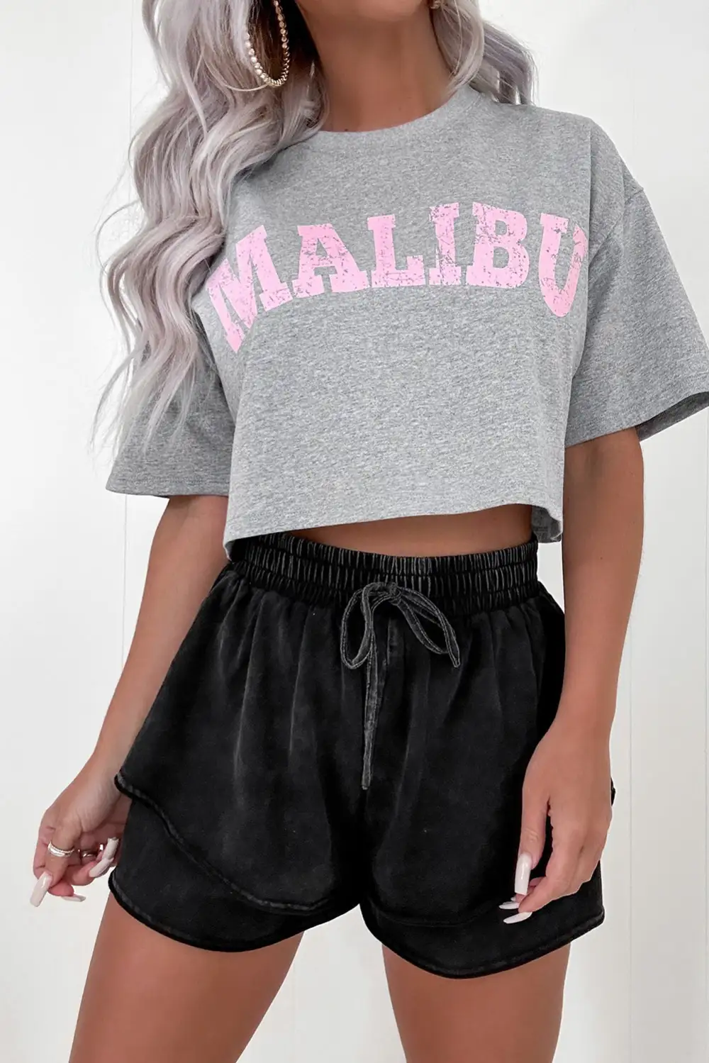 Mineral Wash French Terry Drawstring Elastic Waistband Shorts