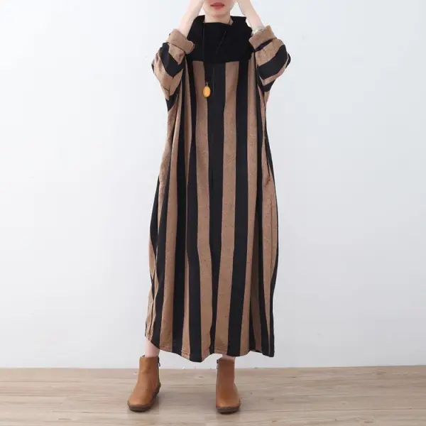 khaki striped long sweaters Loose fitting patchwork pullover Fine high neck winter dresses