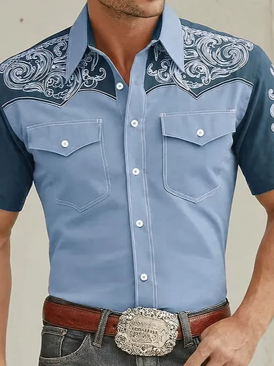 Men's Western Scrollwork Embroidered Two-Tone Short Sleeve Shirt