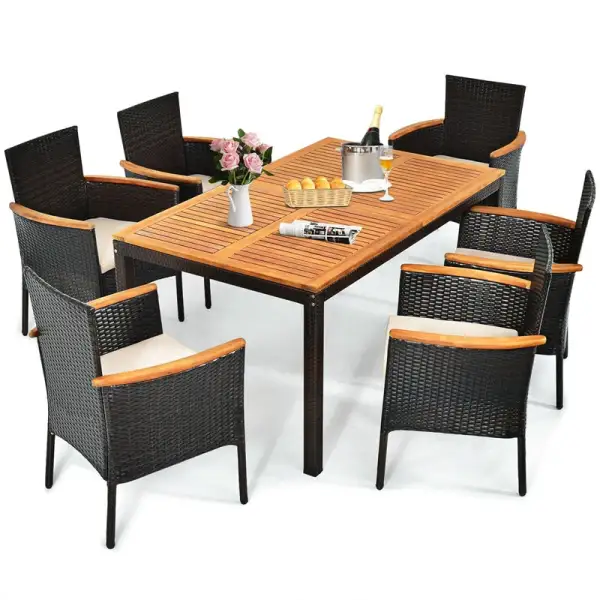 7 Piece Rattan Patio Dining Set with Acacia Wood Table & Stackable Wicker Chairs