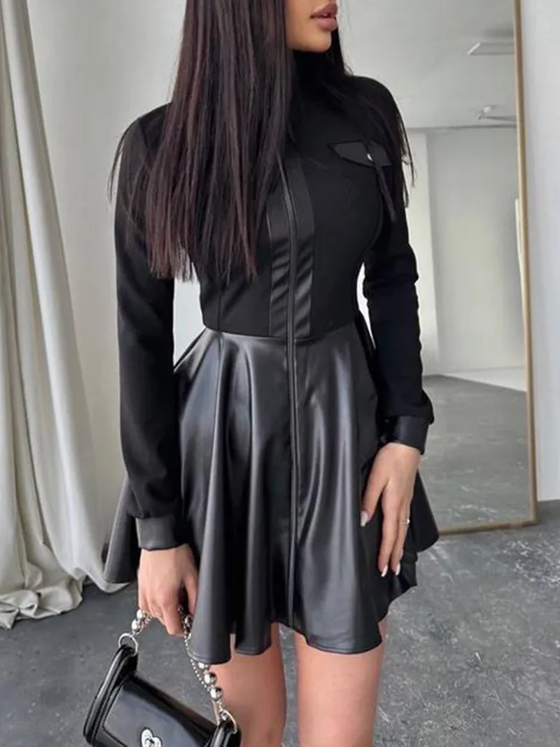 Casual Long-sleeve Leather Panel Dress