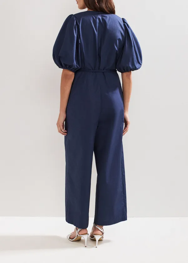Casual And Versatile Navy Blue Puff Sleeve Women's Jumpsuit