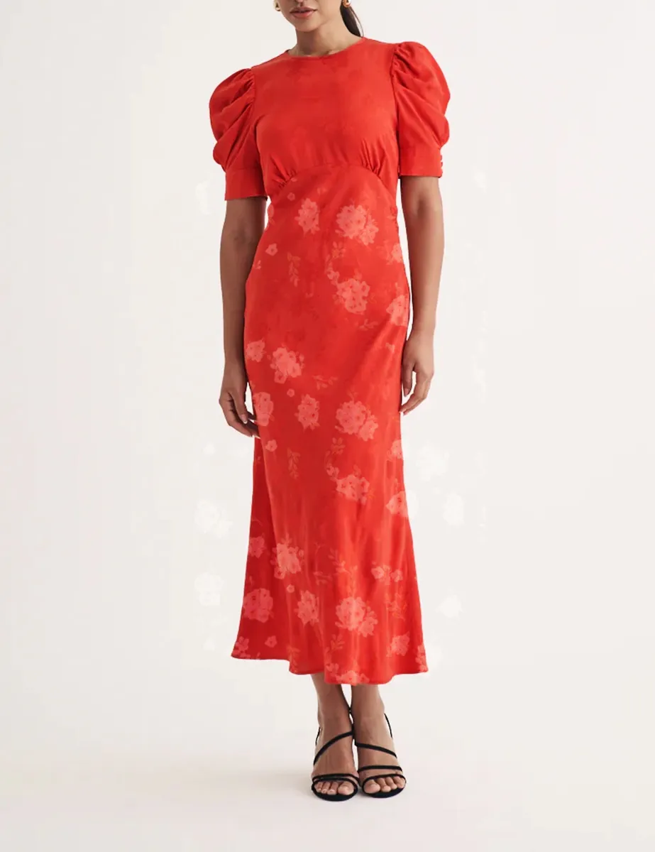 Red Floral Jacquard Ruched Sleeve Moira Midi Dress