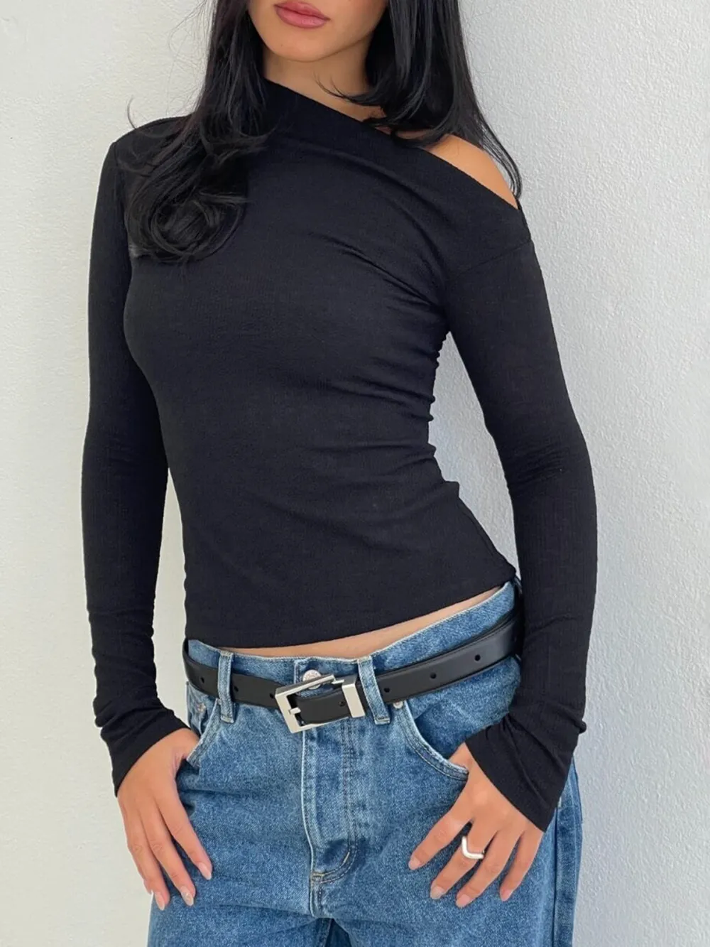 Plain Asymmetrical Neck Top