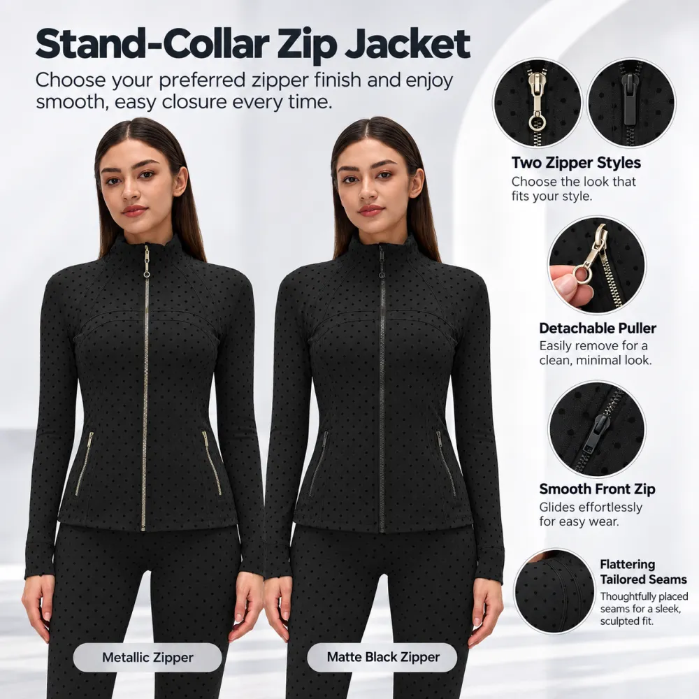 Women's Summer Long Sleeve Zip-Up Jacket, Stand Collar Polka Dot Texture Slim Fit Athletic Jacket for Skirts or Shorts, Nylon Spandex Brushed Fabric Stretchy Sports Outerwear for Yoga