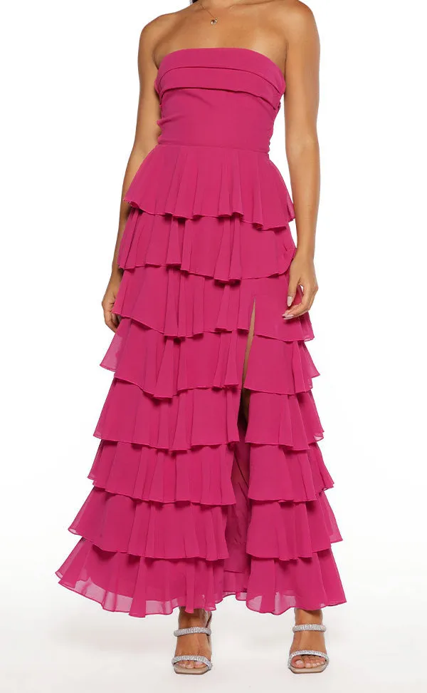Strapless Ruffle Frills Fuchsia Maxi Dress