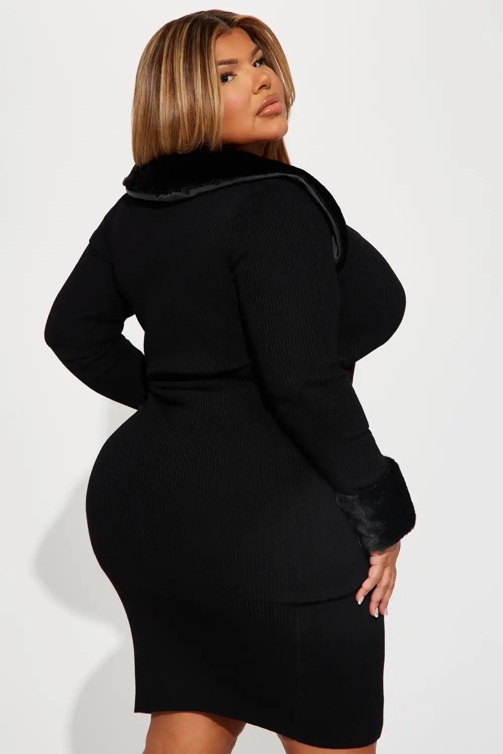 Shilah Faux Fur Sweater Midi Dress - Black