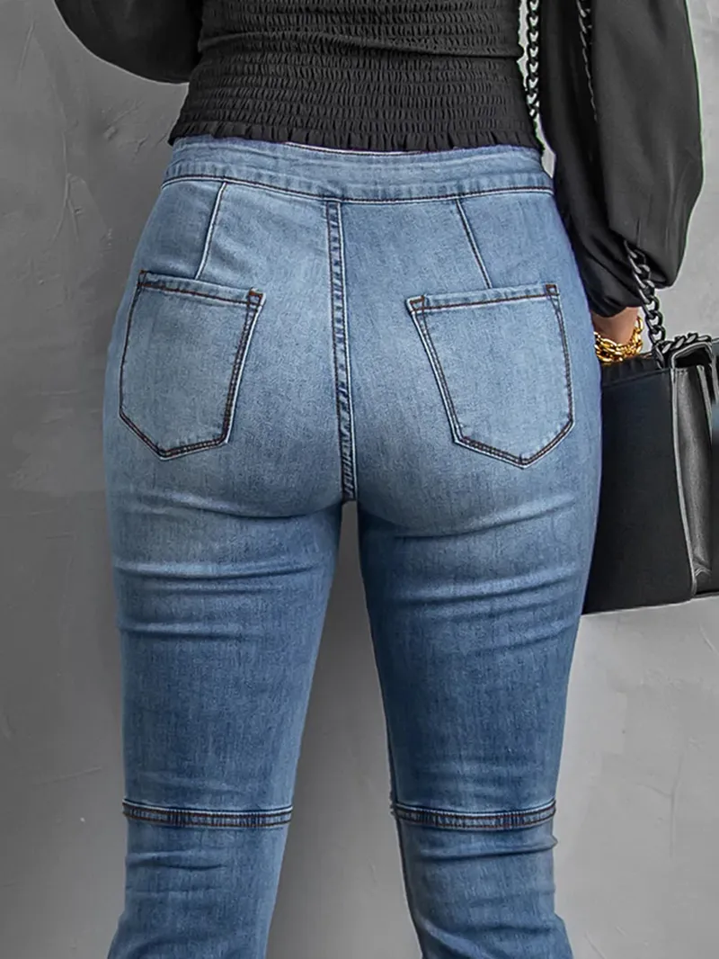 Solid color classic ripped knee jeans