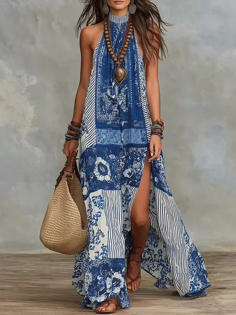 Backless Printed Neck Maxi Dress