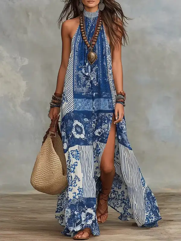 Backless Printed Neck Maxi Dress