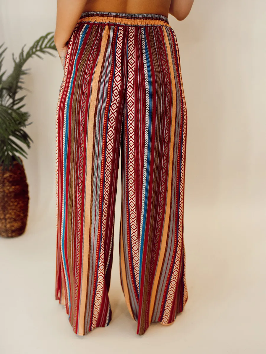 Ethnic pattern stripe pattern with waistband wide leg pants