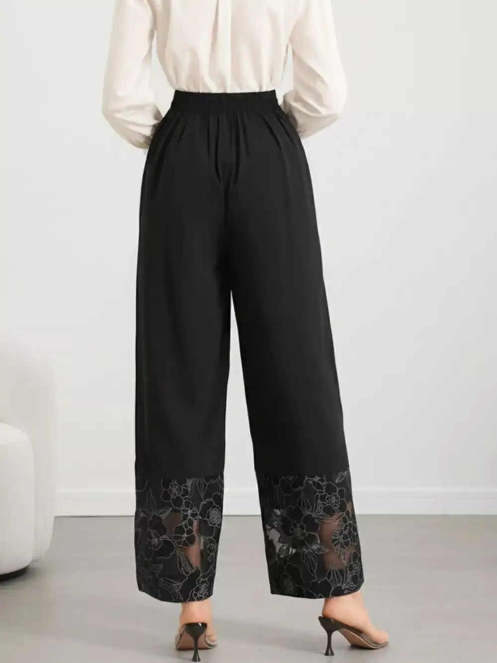 Floral Lace Hem Wide Leg Pants
