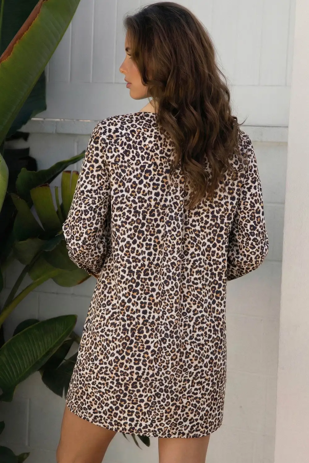 Button Striped Collar Leopard Print Long Sleeve Flared Dress