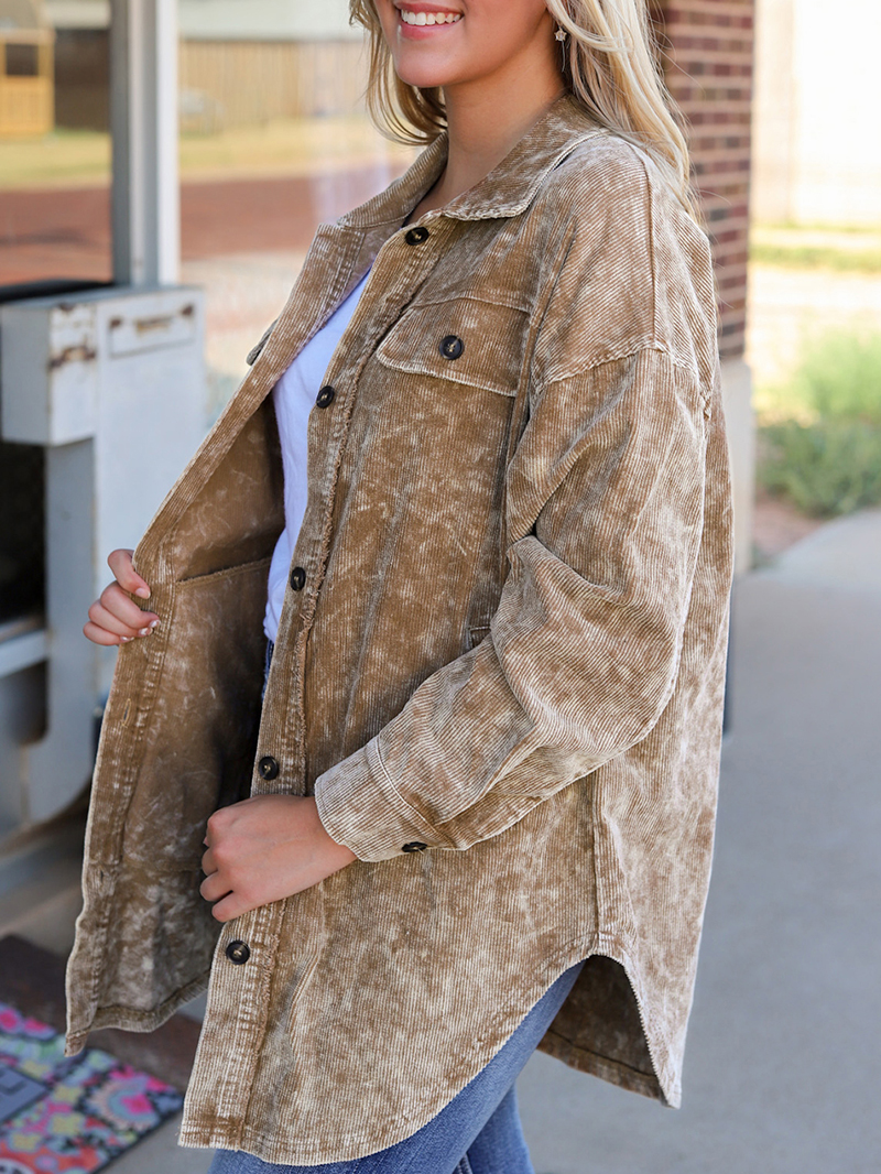 Khaki Vintage Distressed Mineral Wash Oversized Shacket