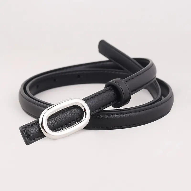 Skinny Leather Belt with Oval Buckle