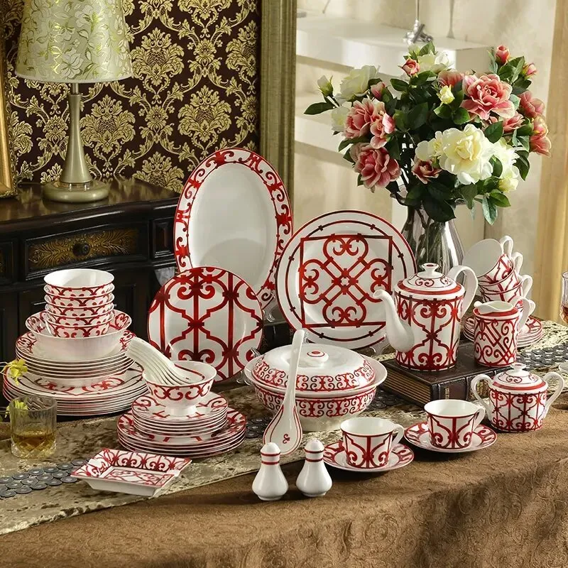 58pcs red window grilles porcelain plates and dishs bowl spoon dinner tableware set