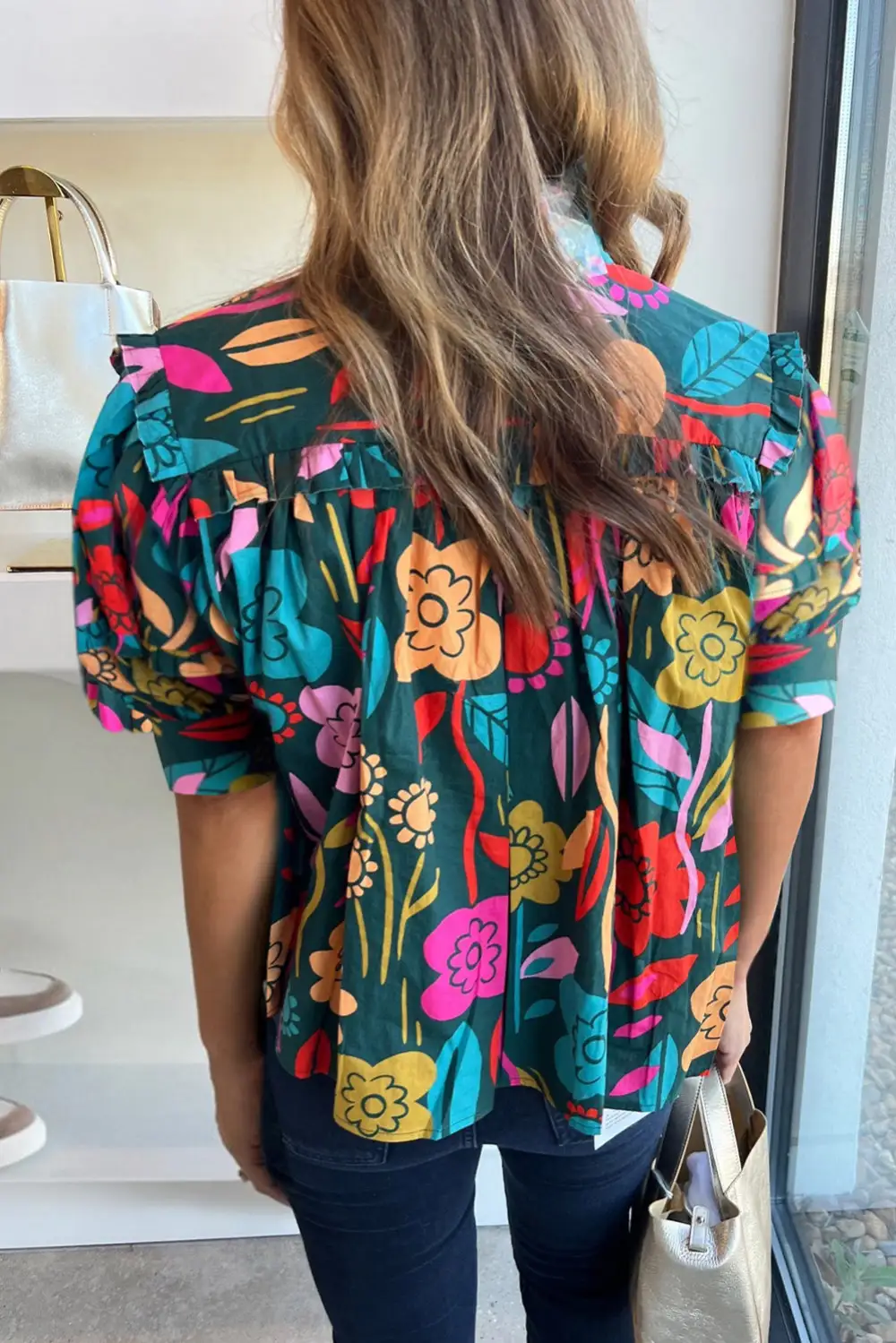 Modern Floral V-Neck Puff Sleeve Blouse