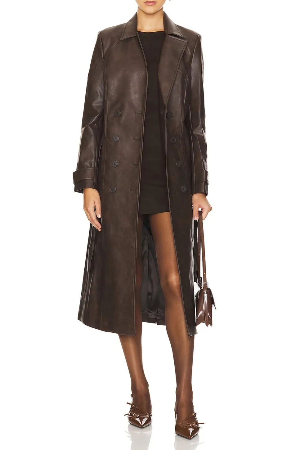 Faux Leather Trench Coat-Dark Chocolate