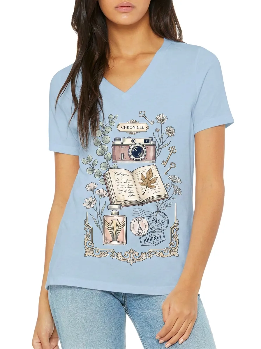 Women's Travel Lover Paris Camera Book Printed V-neck T-shirt