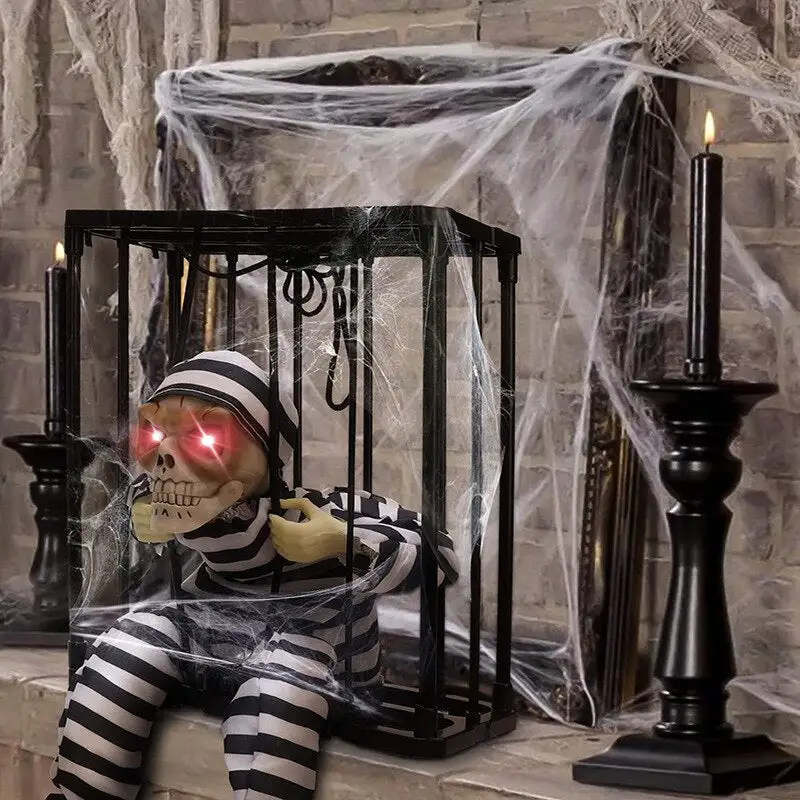 Screaming Animated Halloween Decorations Halloween Decor Prop Scary Skull Cage Prisoner Haunted House Decor, Ghost Light Up Eyes