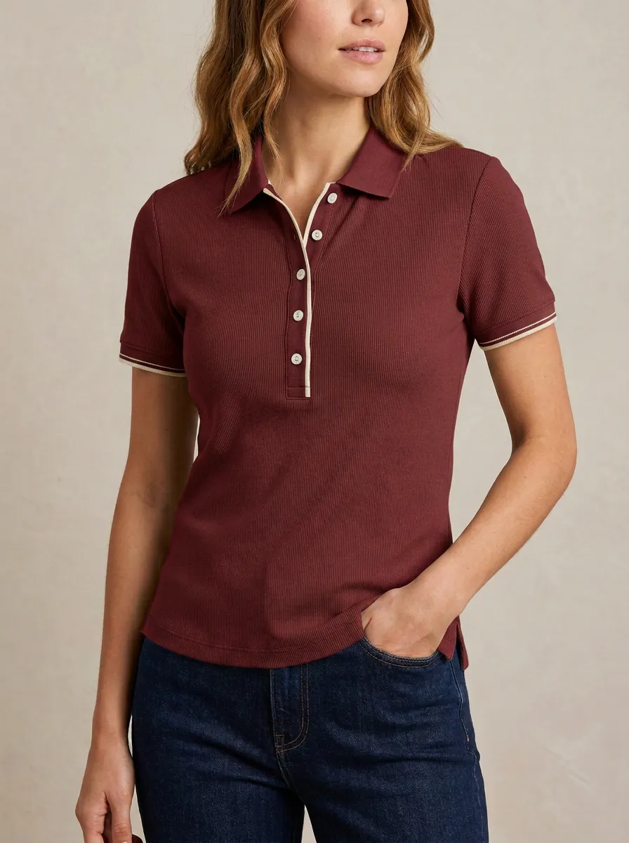 Women's Refined Ribbed Contrast-Trim Polo Shirt
