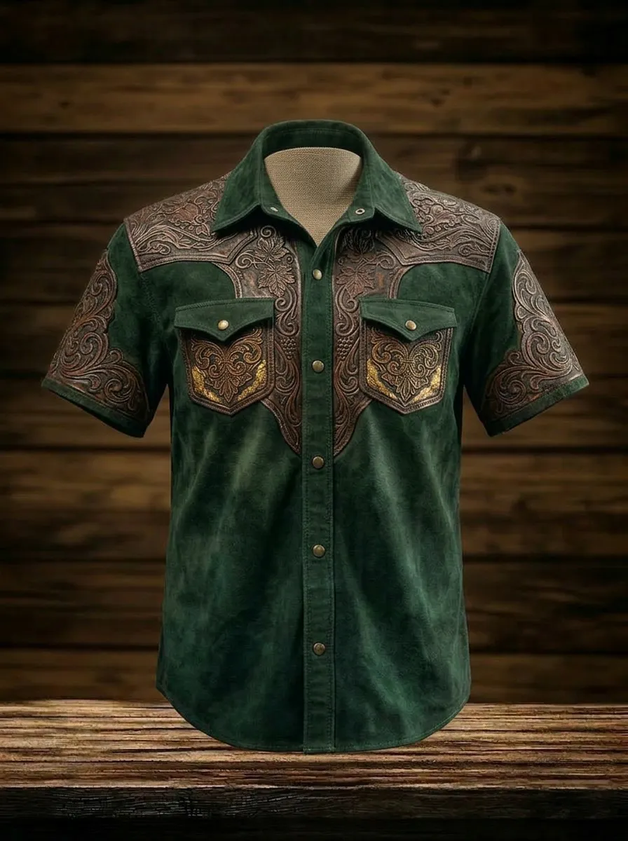 Men's Western Style Floral Tooled Leather Pattern Printed Shirt