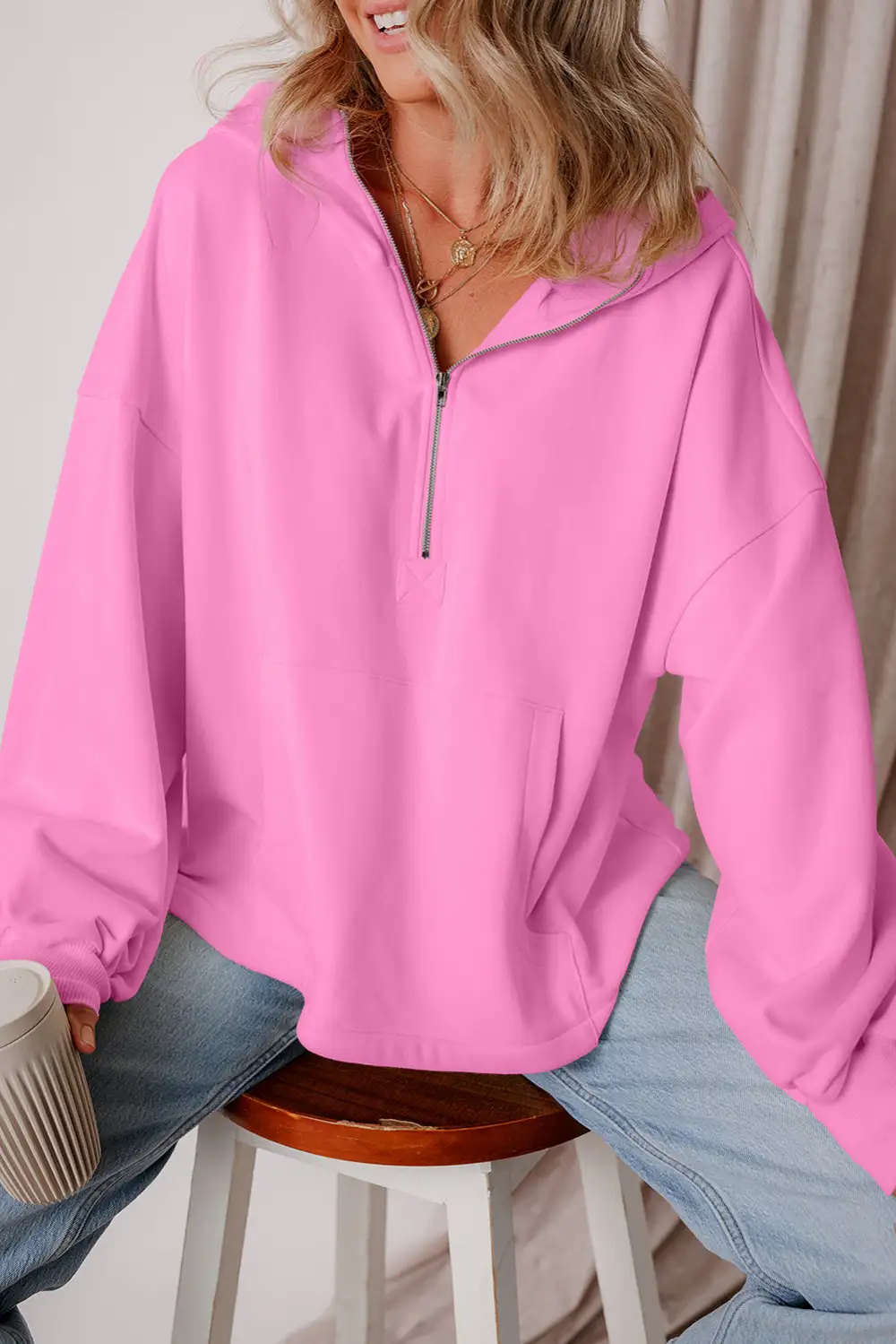 Relaxed Fleece Pocket Detail Zip Detail Hoodie