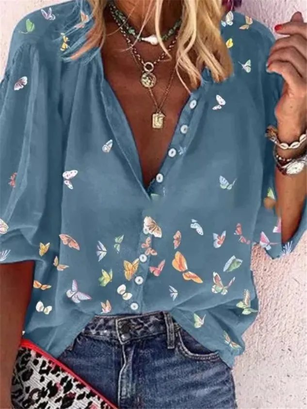 Colorful Butterfly Print Chiffon Long Sleeve Shirt