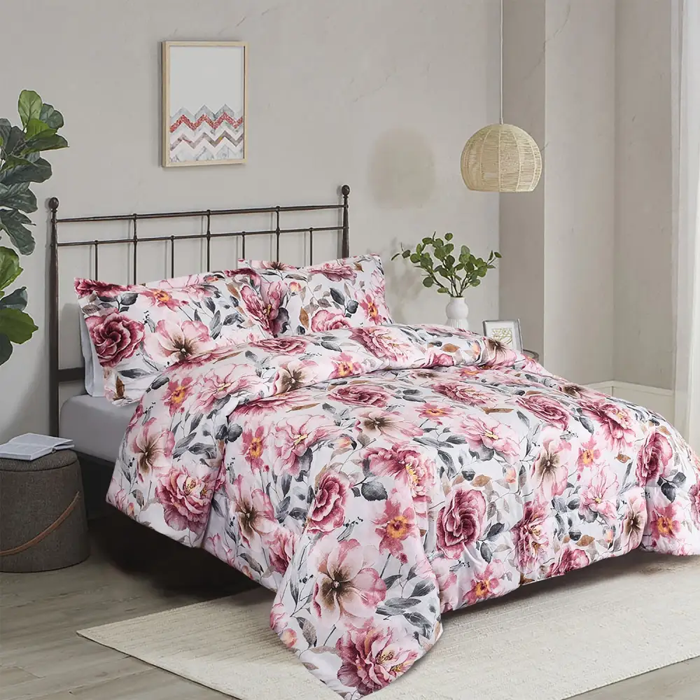 HIG 3 Piece Bohemian Floral Print Comforter Set for Queen King Bed, Pastoral Style Lightweight Duvet Set for Bedroom Decor