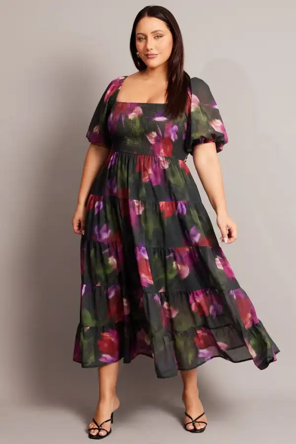 Black Floral Midi Dress Short Sleeve Tiered