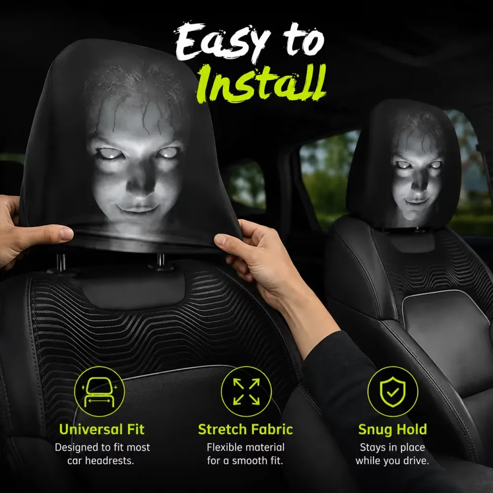 Black & White Creepy Smile Design Car Headrest Cover Stretch Universal Horror Car Dust Cover