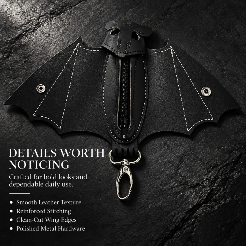 Bat shaped Gothic faux leather compact wallet - mini crossbody fashion bag with detachable shoulder strap, a terrifying Gothic accessory for nightclubs and holiday costumes