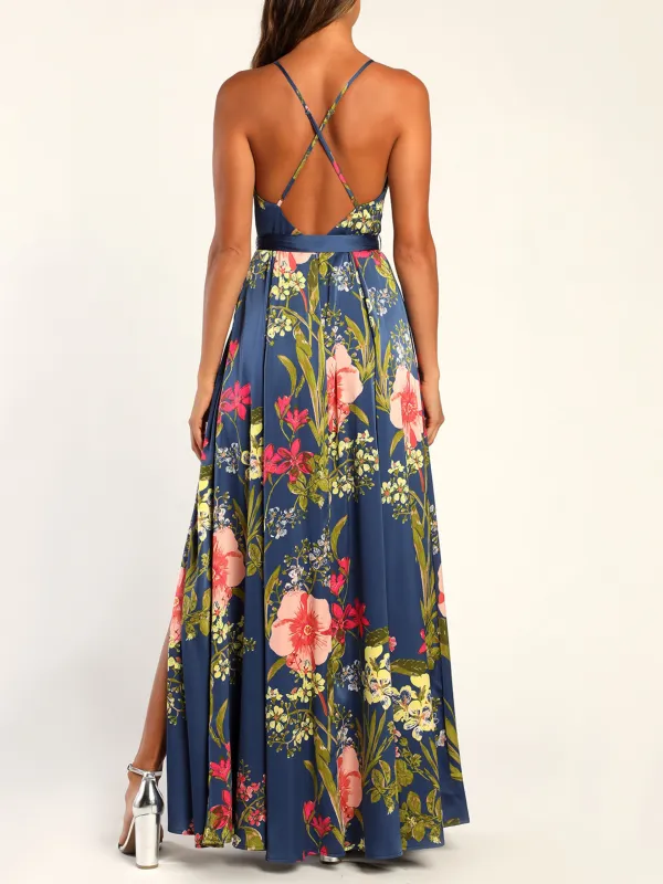 Red Floral Print Satin Maxi Dress